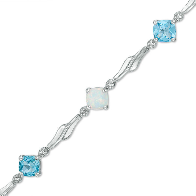Main Image 1 of 5.0mm Cushion-Cut Swiss Blue Topaz and Lab-Created Opal with Diamond Accent Bracelet in Sterling Silver - 7.25"