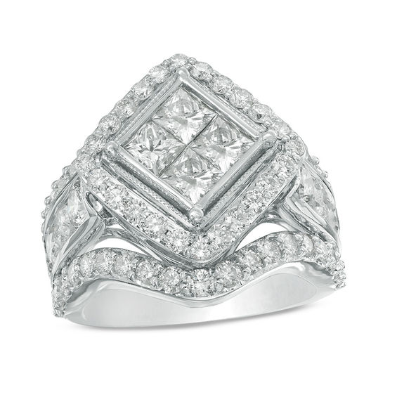 3-1/2 CT. T.w. Quad Princess-Cut Diamond Tilted Frame Vintage-Style Engagement Ring in 14K White Gold