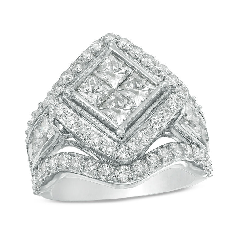 3-1/2 CT. T.W. Quad Princess-Cut Diamond Tilted Frame Vintage-Style Engagement Ring in 14K White Gold