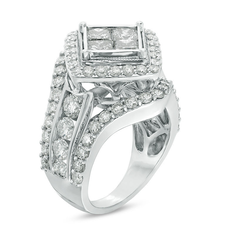 3-1/2 CT. T.W. Quad Princess-Cut Diamond Tilted Frame Vintage-Style Engagement Ring in 14K White Gold