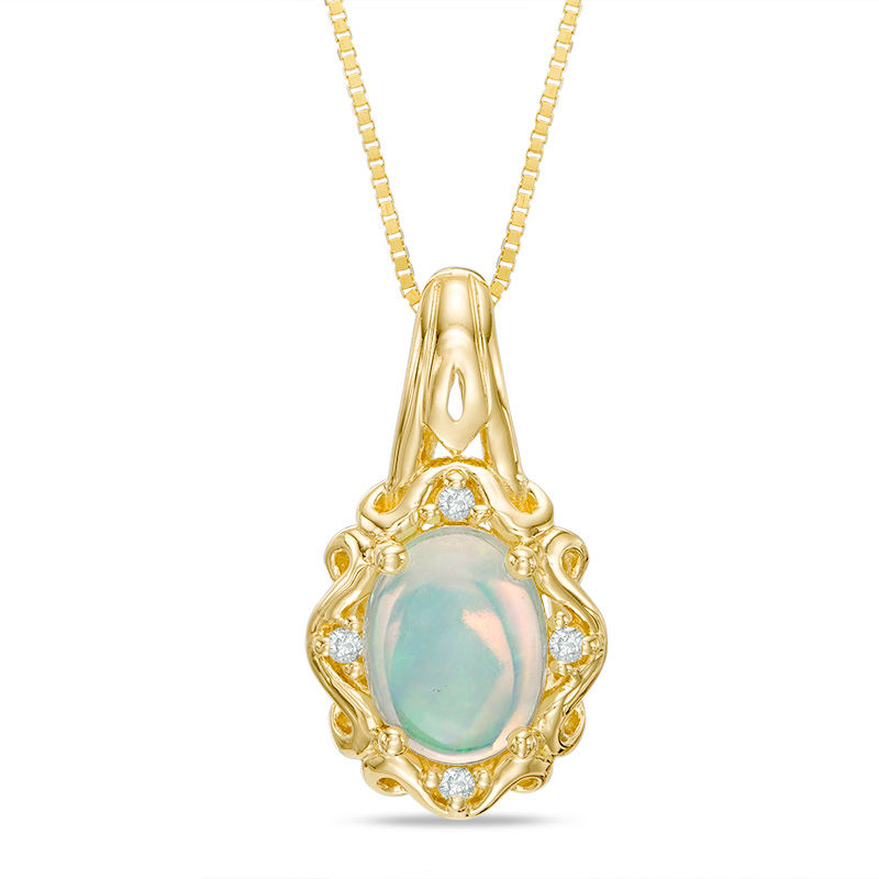Main Image 1 of Oval Opal and Diamond Accent Ornate Frame Pendant in 10K Gold