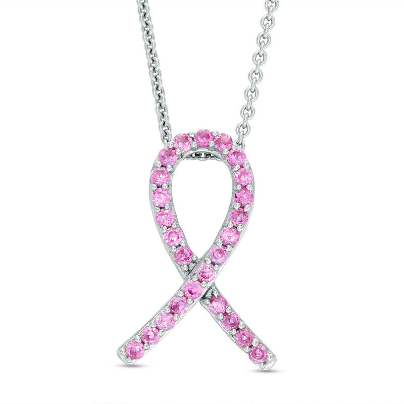 Lab-Created Pink Sapphire Awareness Ribbon Pendant in Sterling Silver