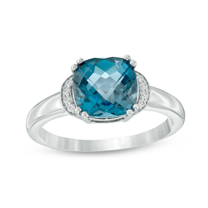 8.0mm Cushion-Cut Swiss Blue Topaz and Lab-Created White Sapphire Collar Ring in Sterling Silver