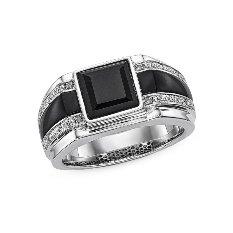 Men's 8.0mm Square-Cut Onyx and Diamond Accent Band in Sterling Silver