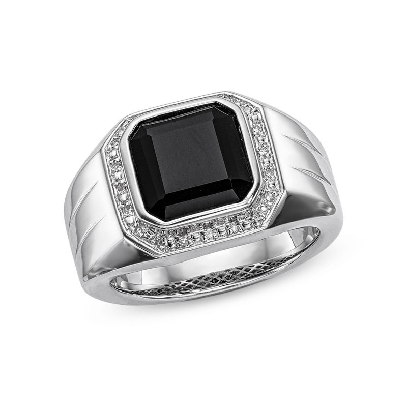 Men's 10.0mm Octagonal Onyx and Diamond Accent Frame Band in Sterling Silver