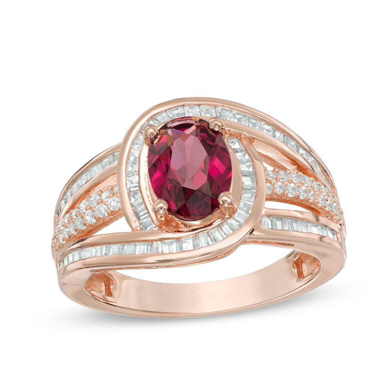 Main Image 1 of Oval Rhodolite Garnet and 5/8 CT. T.W. Diamond Swirl Frame Multi-Row Ring in 10K Rose Gold