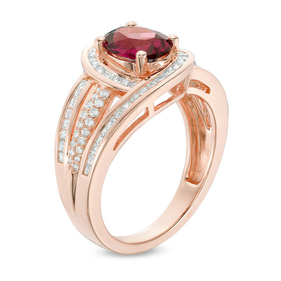 Oval Rhodolite Garnet and 5/8 CT. T.w. Diamond Swirl Frame Multi-Row Ring in 10K Rose Gold