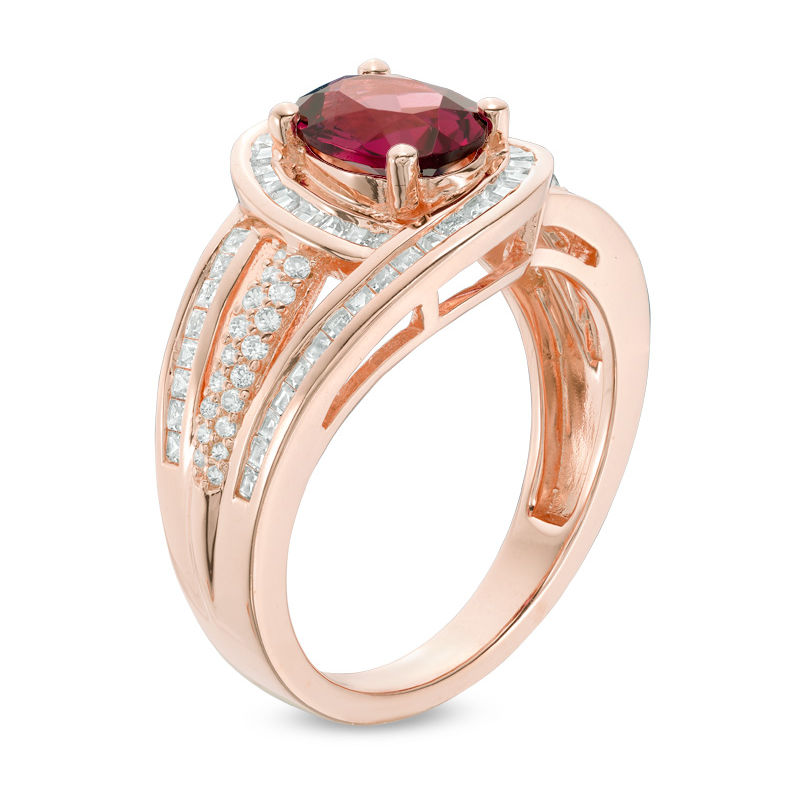 Main Image 2 of Oval Rhodolite Garnet and 5/8 CT. T.W. Diamond Swirl Frame Multi-Row Ring in 10K Rose Gold