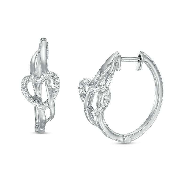 Main Image 1 of 1/10 CT. T.W. Diamond Heart Woven Hoop Earrings in Sterling Silver