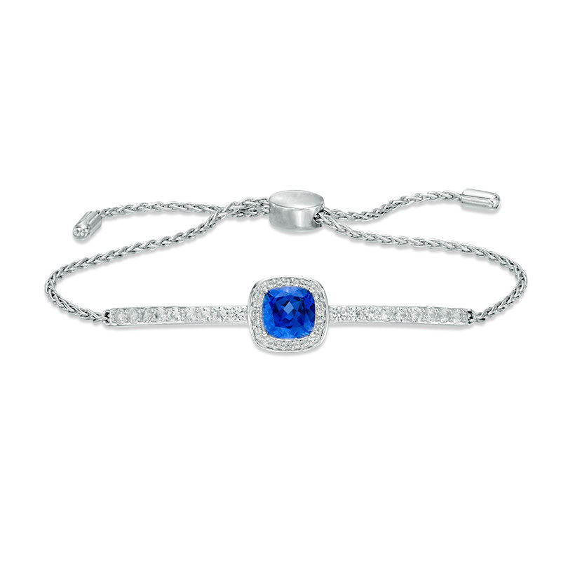 Main Image 1 of 7.0mm Cushion-Cut Lab-Created Blue and White Sapphire Frame Bolo Bracelet in Sterling Silver - 9.0"
