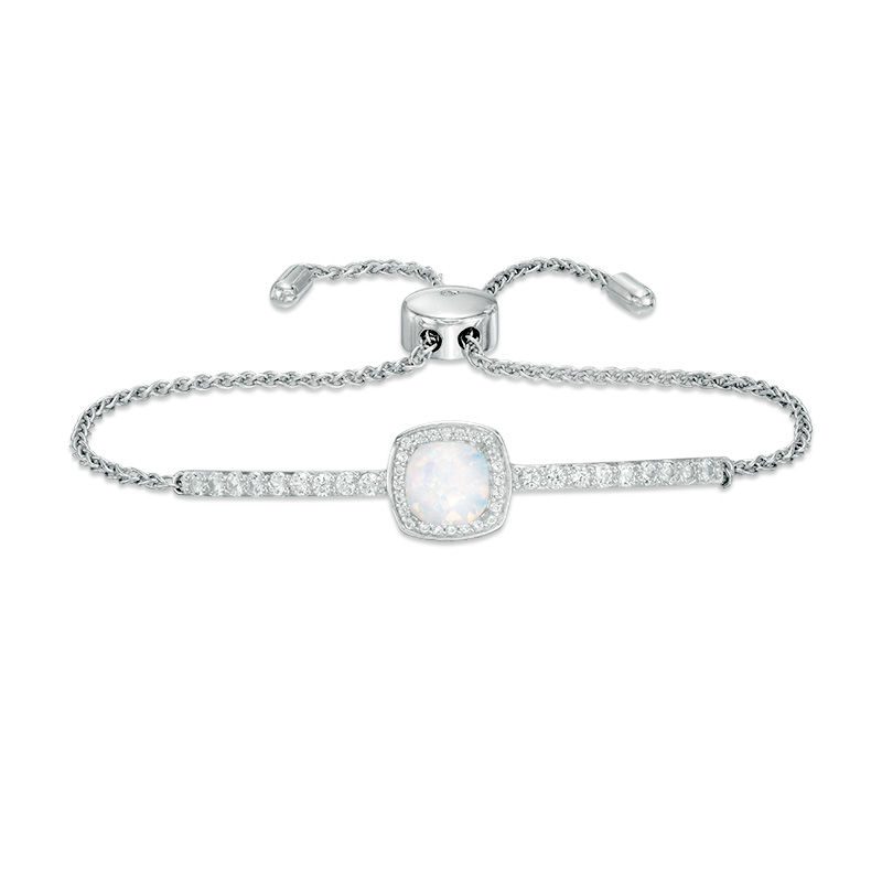 Main Image 1 of 7.0mm Cushion-Cut Lab-Created Opal and White Sapphire Frame Bolo Bracelet in Sterling Silver - 9.0"