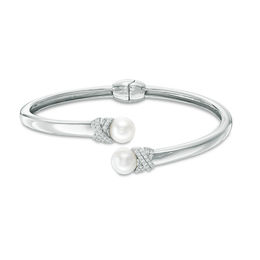 7.5mm Cultured Freshwater Pearl and Lab-Created White Sapphire Hinged Bypass Bangle in Sterling Silver