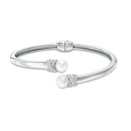 Pearl Bracelets Zales 7 5mm Cultured Freshwater Pearl And Lab Created White Shire Hinged Byp Bangle In Sterling