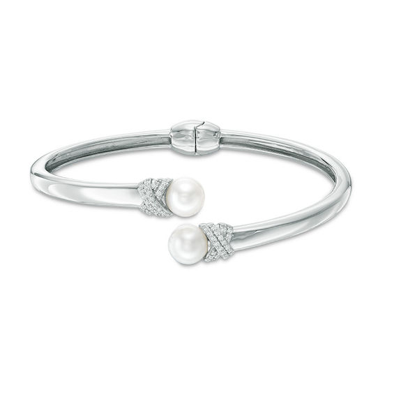 7.5mm Freshwater Cultured Pearl and Lab-Created White Sapphire Hinged Bypass Bangle in Sterling Silver