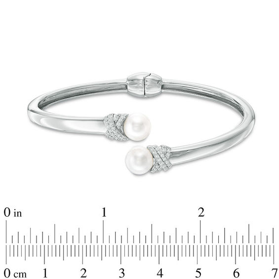 7.5mm Freshwater Cultured Pearl and Lab-Created White Sapphire Hinged Bypass Bangle in Sterling Silver