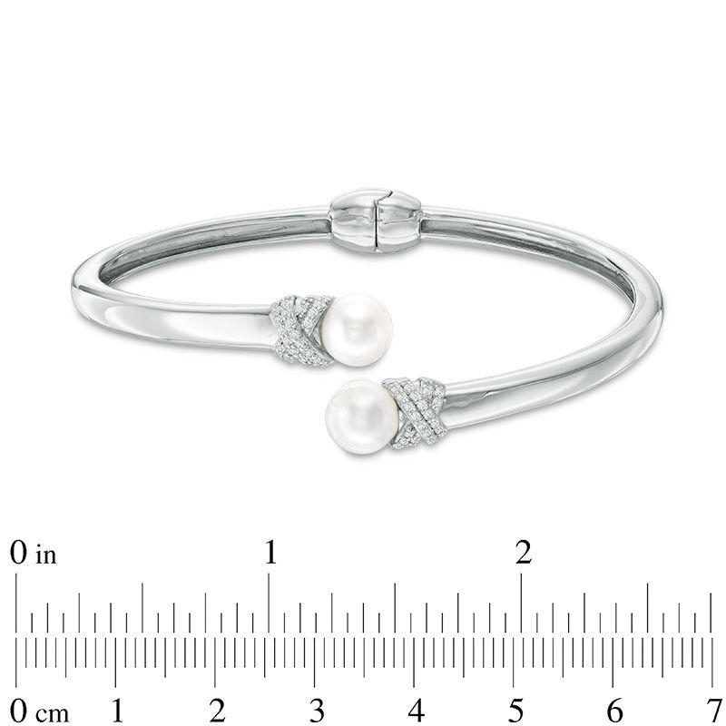 Main Image 2 of 7.5mm Freshwater Cultured Pearl and Lab-Created White Sapphire Hinged Bypass Bangle in Sterling Silver