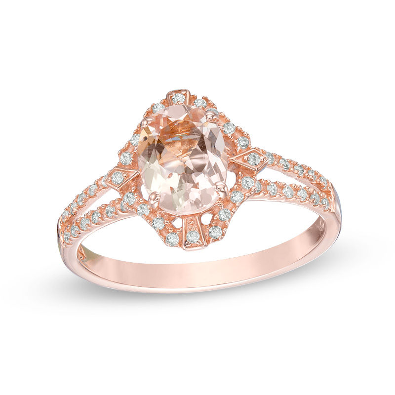 Main Image 1 of Oval Morganite and 1/8 CT. T.W. Diamond Art Deco Frame Split Shank Ring in 10K Rose Gold