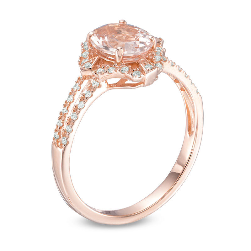 Main Image 2 of Oval Morganite and 1/8 CT. T.W. Diamond Art Deco Frame Split Shank Ring in 10K Rose Gold