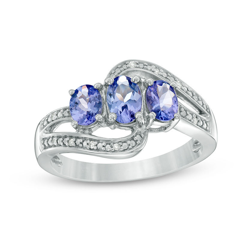 Main Image 1 of Oval Tanzanite and Diamond Accent Three Stone Bypass Ring in Sterling Silver