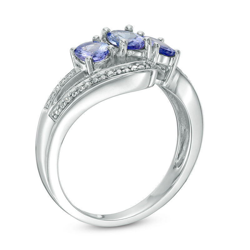Main Image 2 of Oval Tanzanite and Diamond Accent Three Stone Bypass Ring in Sterling Silver