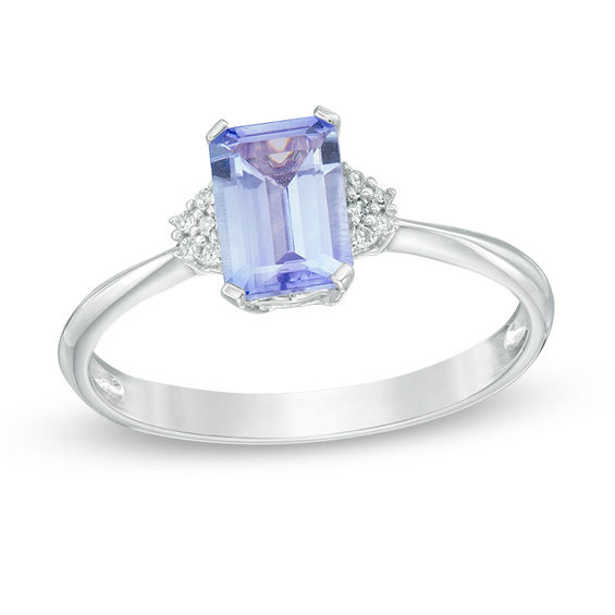 Emerald-Cut Tanzanite and Diamond Accent Ring in 10K White Gold