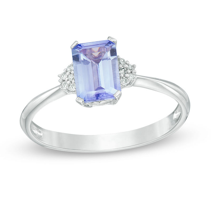 Main Image 1 of Emerald-Cut Tanzanite and Diamond Accent Ring in 10K White Gold