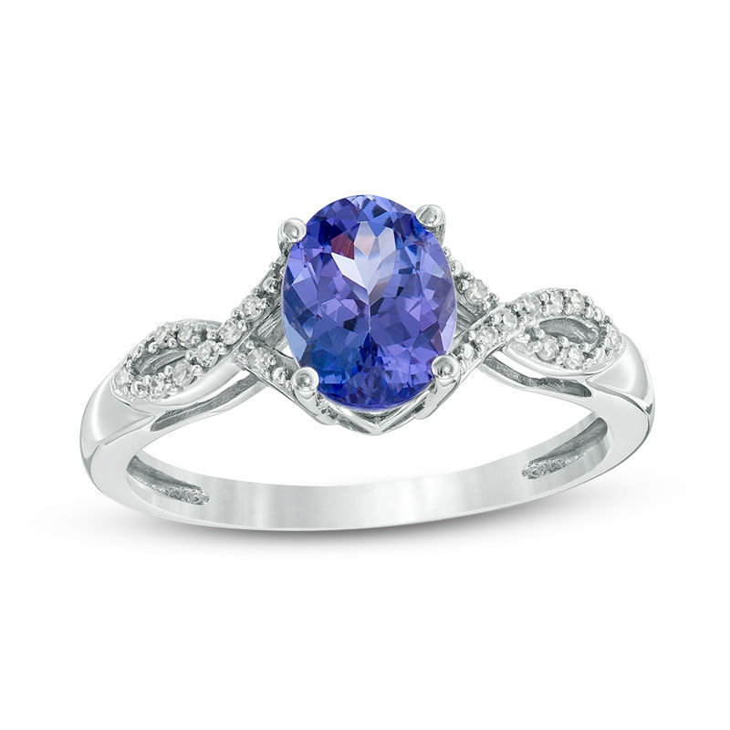 Main Image 1 of Oval Tanzanite and Diamond Accent Split Shank Ring in 10K White Gold