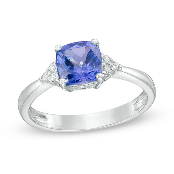 6.5mm Cushion-Cut Tanzanite and Diamond Accent Tri-Sides Ring in 10K White Gold