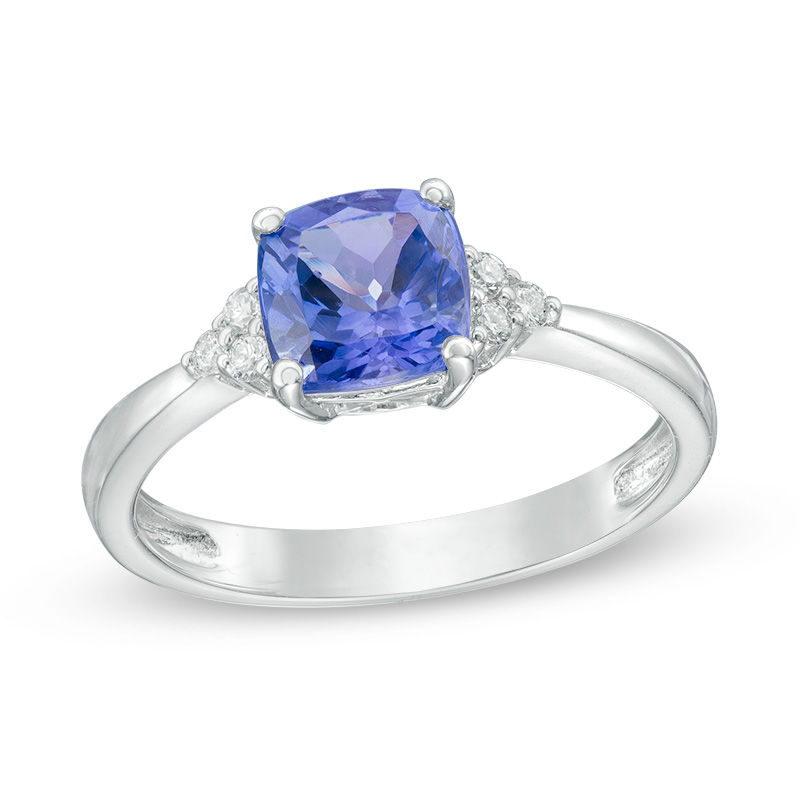 6.5mm Cushion-Cut Tanzanite and Diamond Accent Tri-Sides Ring in 10K White Gold