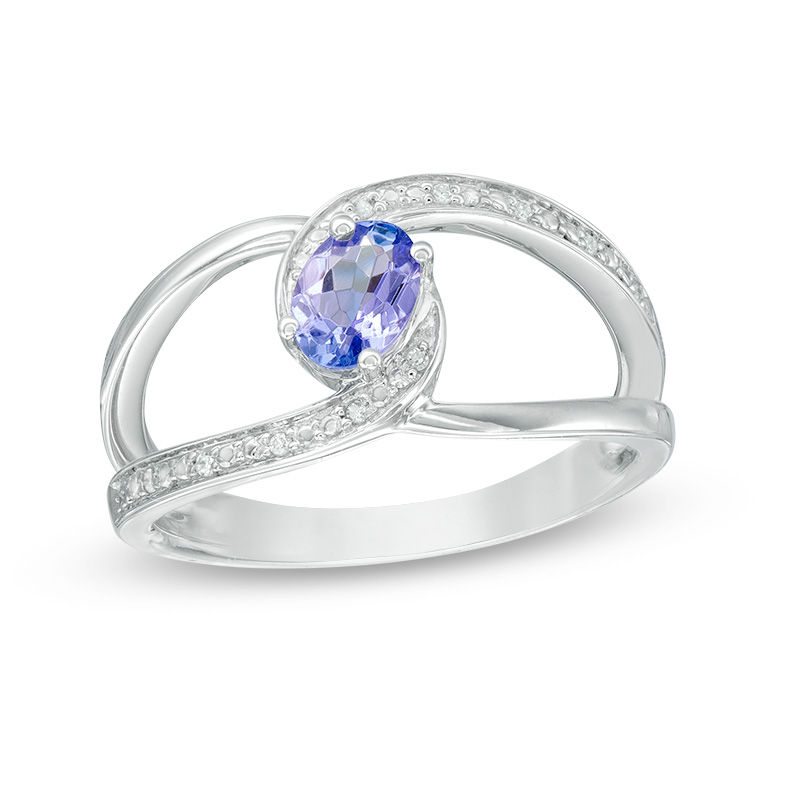 Main Image 1 of Oval Tanzanite and Diamond Accent Orbit Ring in Sterling Silver