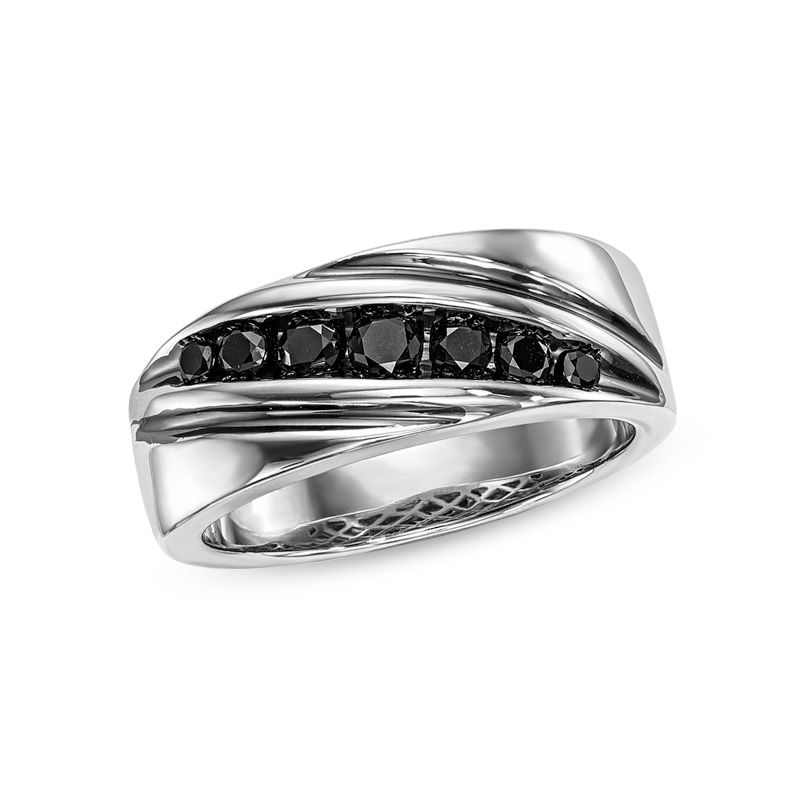 Men's 1/2 CT. T.W. Black Diamond Seven Stone Slant Wedding Band in Sterling Silver