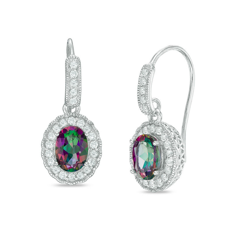 Main Image 1 of Oval Mystic Fire® Topaz and Lab-Created White Sapphire Frame Vintage-Style Drop Earrings in Sterling Silver