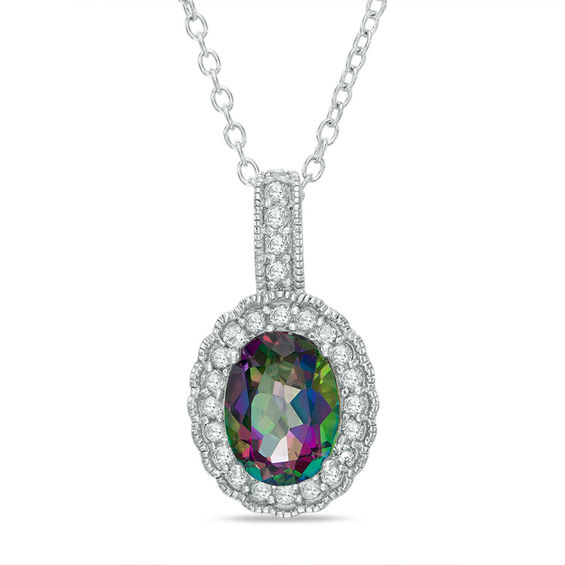 Oval Mystic Fire® Topaz and Lab-Created White Sapphire Frame Vintage-Style Drop Pendant in Sterling Silver