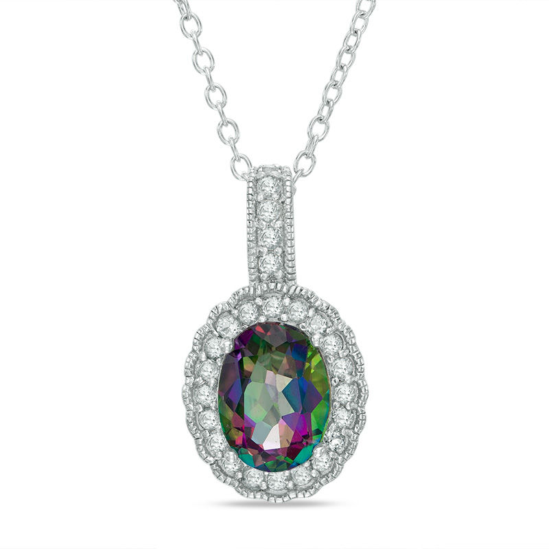 Oval Mystic Fire® Topaz and Lab-Created White Sapphire Frame Vintage-Style Drop Pendant in Sterling Silver