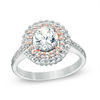 Thumbnail Image 1 of 6.5mm Lab-Created White Sapphire Double Frame Ring in Sterling Silver and 18K Rose Gold Plate