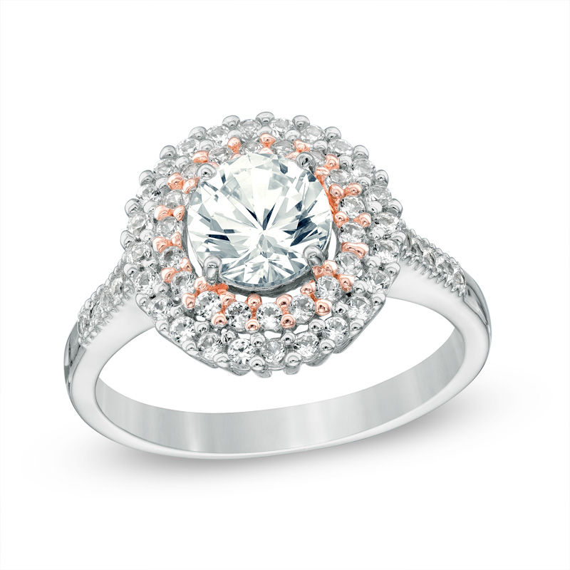 Main Image 1 of 6.5mm Lab-Created White Sapphire Double Frame Ring in Sterling Silver and 18K Rose Gold Plate