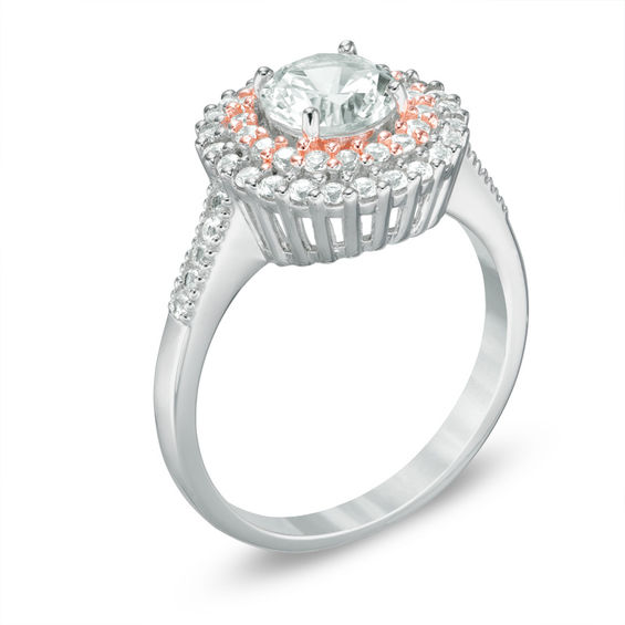6.5mm Lab-Created White Sapphire Double Frame Ring in Sterling Silver and 18K Rose Gold Plate