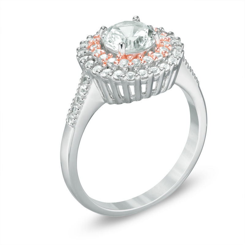 Main Image 2 of 6.5mm Lab-Created White Sapphire Double Frame Ring in Sterling Silver and 18K Rose Gold Plate