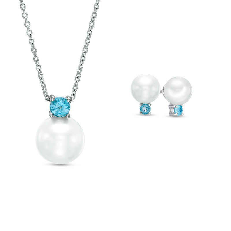 Main Image 1 of 8.0-9.0mm Freshwater Cultured Pearl and Blue Topaz Pendant and Stud Earrings Set in Sterling Silver