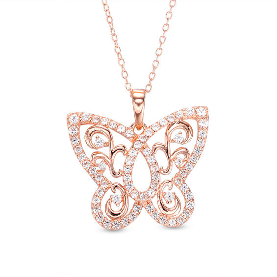 Lab-Created White Sapphire Butterfly Scroll Pendant in Sterling Silver with 18K Rose Gold Plate