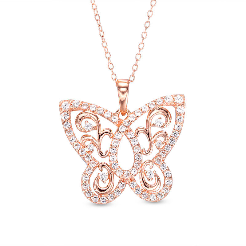 Main Image 1 of Lab-Created White Sapphire Butterfly Scroll Pendant in Sterling Silver with 18K Rose Gold Plate