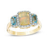 Thumbnail Image 1 of Cushion-Cut Opal, Swiss Blue Topaz and 1/10 CT. T.W. Diamond Frame Three Stone Ring in 10K Gold