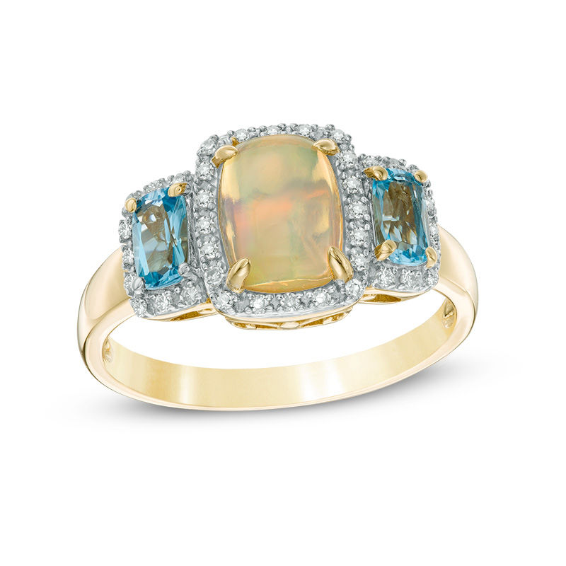 Main Image 1 of Cushion-Cut Opal, Swiss Blue Topaz and 1/10 CT. T.W. Diamond Frame Three Stone Ring in 10K Gold