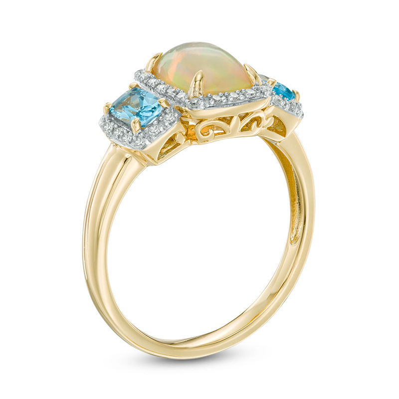 Main Image 2 of Cushion-Cut Opal, Swiss Blue Topaz and 1/10 CT. T.W. Diamond Frame Three Stone Ring in 10K Gold