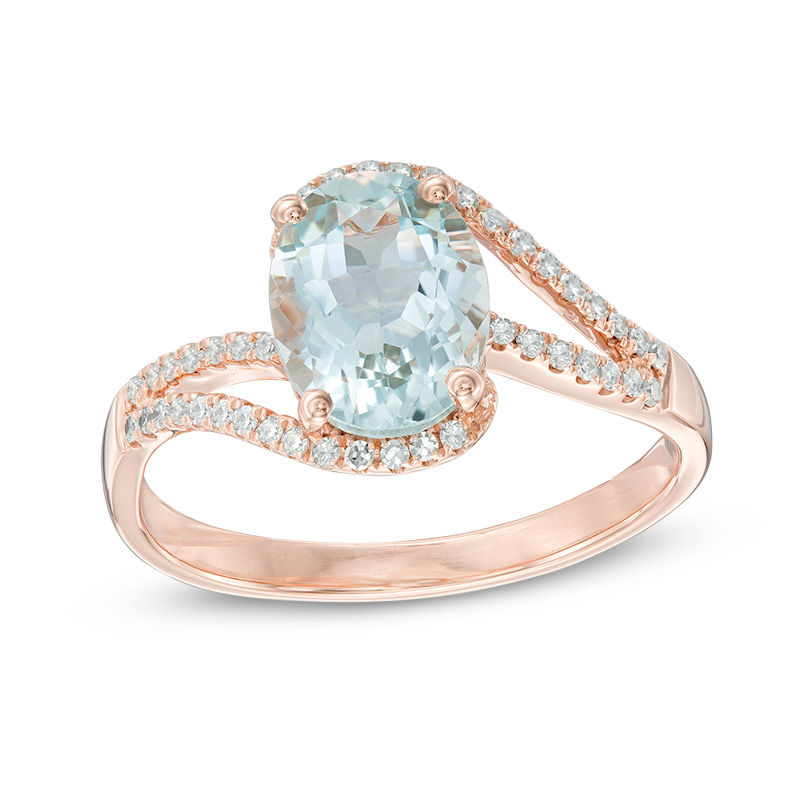 Main Image 1 of Oval Aquamarine and 1/8 CT. T.W. Diamond Bypass Split Shank Ring in 10K Rose Gold