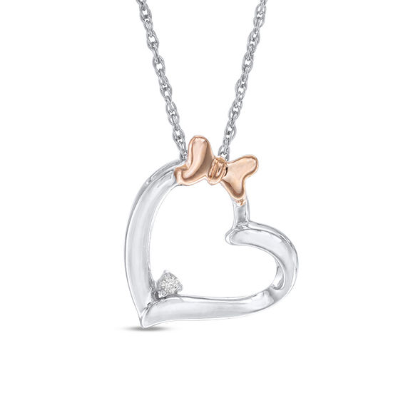 Diamond Accent Tilted Heart with Bow Pendant in Sterling Silver and 10K ...