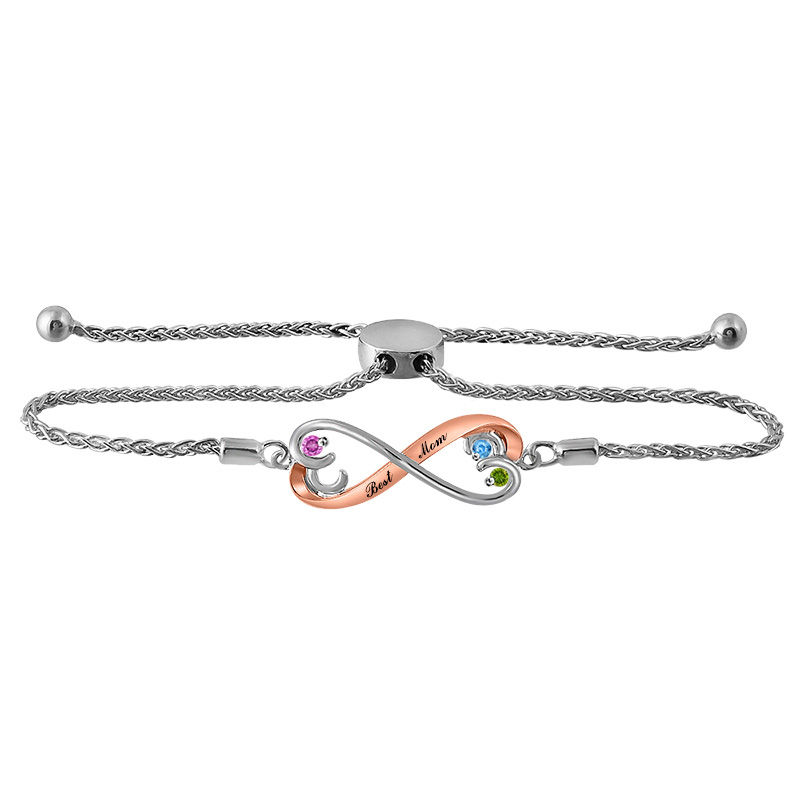 Main Image 1 of Open Hearts by Jane Seymour™ Birthstone Bracelet in Sterling Silver with 10K Rose Gold (3 Stones and 2 Names)