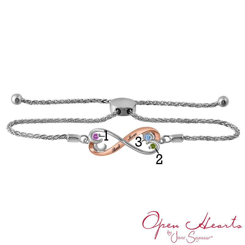 Main Image 2 of Open Hearts by Jane Seymour™ Birthstone Bracelet in Sterling Silver with 10K Rose Gold (3 Stones and 2 Names)