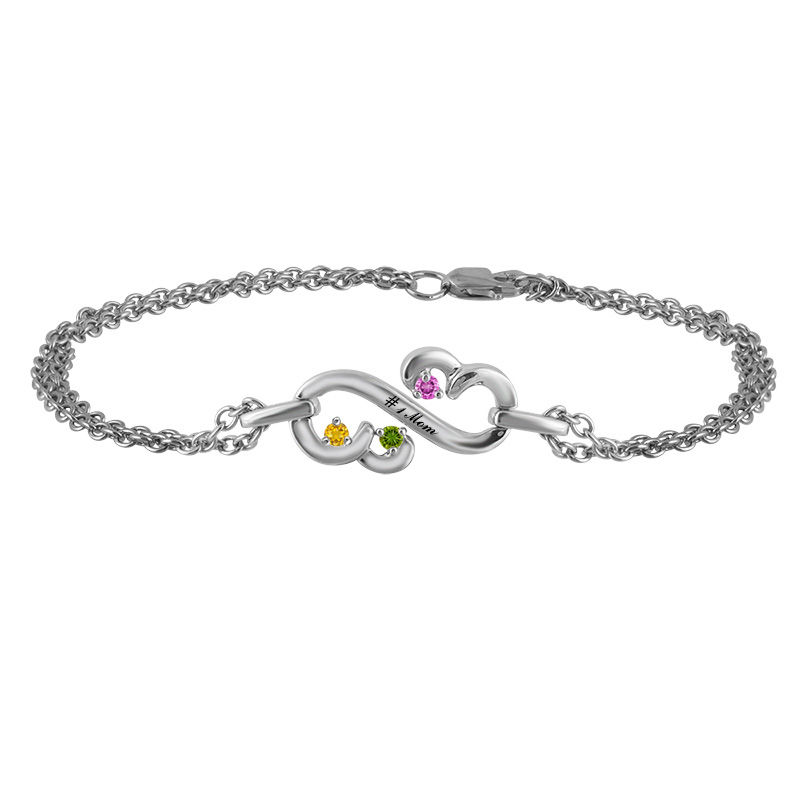 Open Hearts Family by Jane Seymour™ 3.0mm Birthstone Bracelet in Sterling Silver (3 Stones and 1 Name)