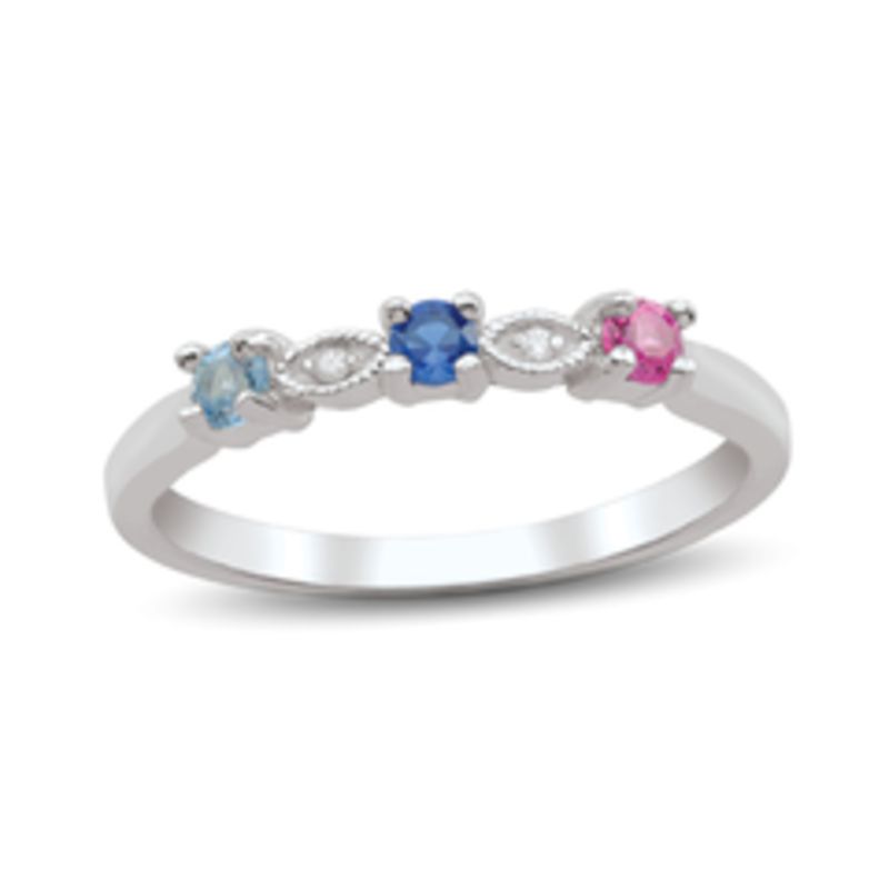 Main Image 2 of Mother's Birthstone and Diamond Accent Vintage-Style Family Ring in 10K White or Yellow Gold (3 Stones)